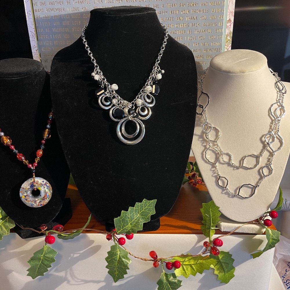 2 White House Black Market  Silver Tone Necklaces & 1Glass & Beaded Es'Mor